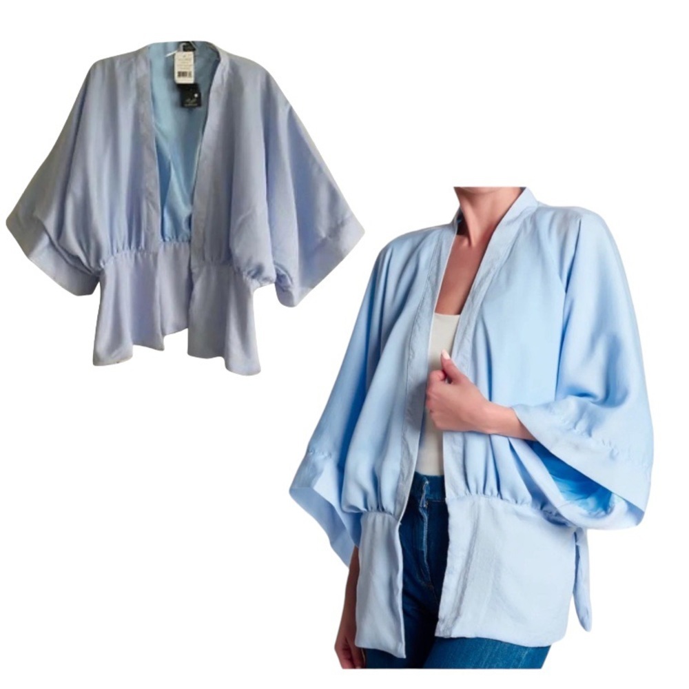 $98 Roffe Kimono Layering Top One Size Sky Blue Dolman Sleeves Open Fully Lined